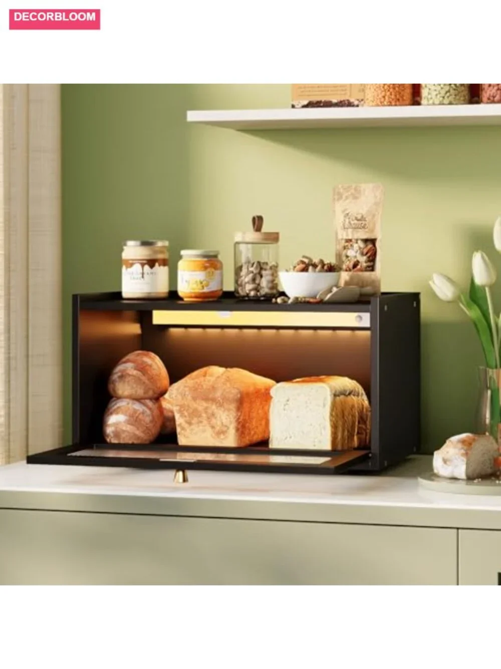 Bamboo Bread Box with LED Light for Kitchen Counter, Large Capacity Storage